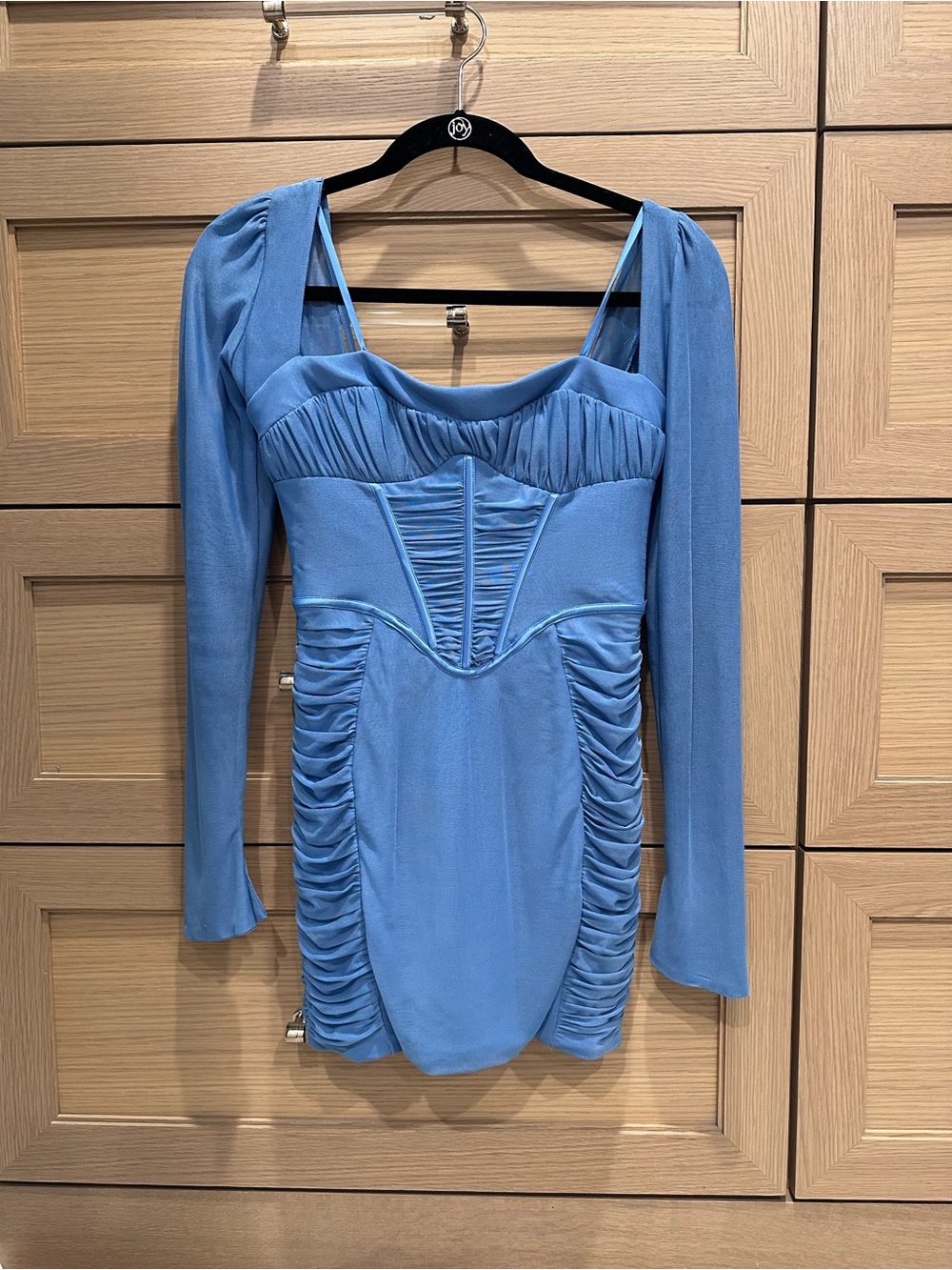 Oh Polly Sky Blue Long-Sleeve Ruched Mini Dress